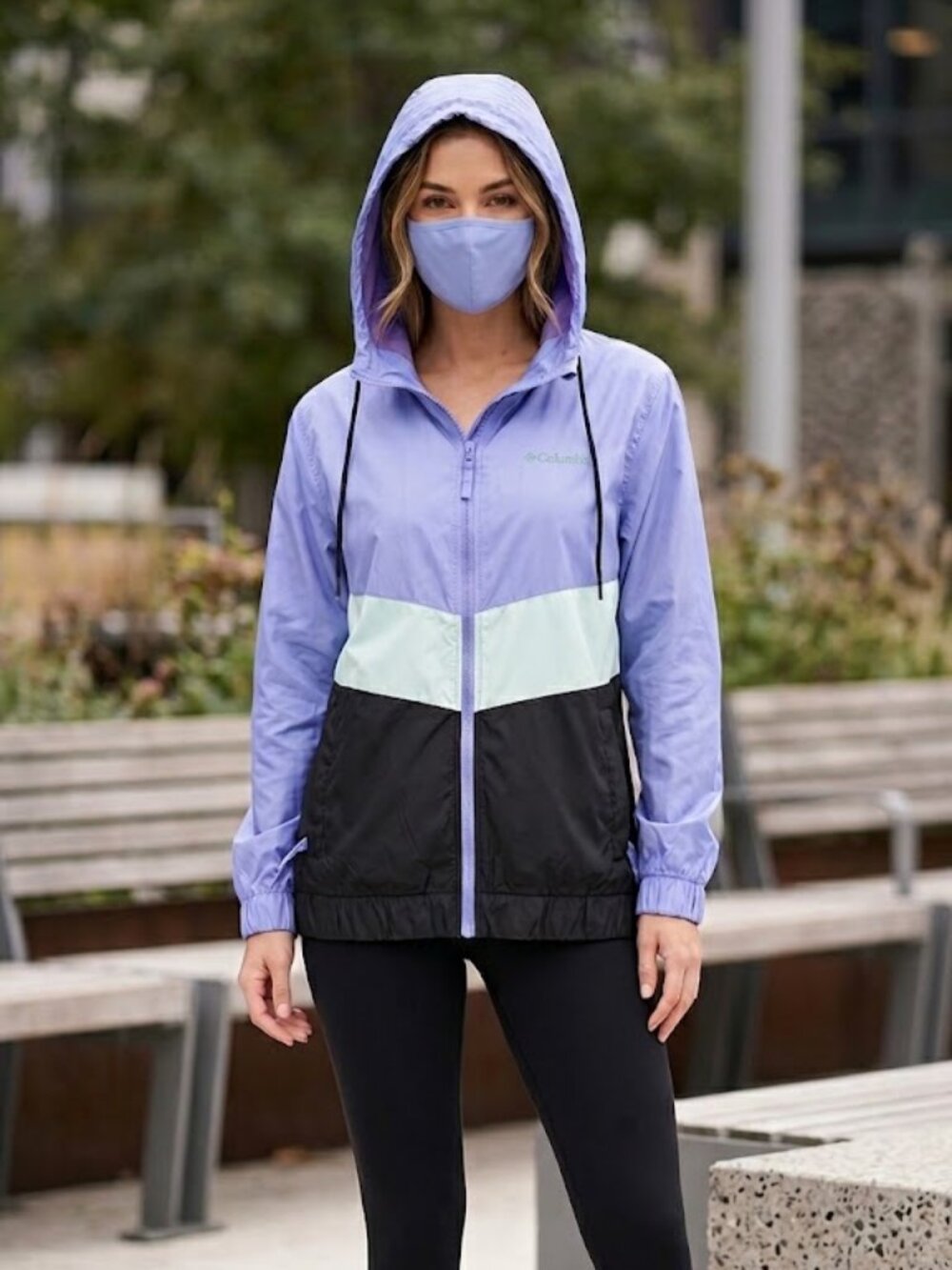 Columbia Colorblock Lightweight Hooded Rain Jacket Windbreaker Blue Mint Size M